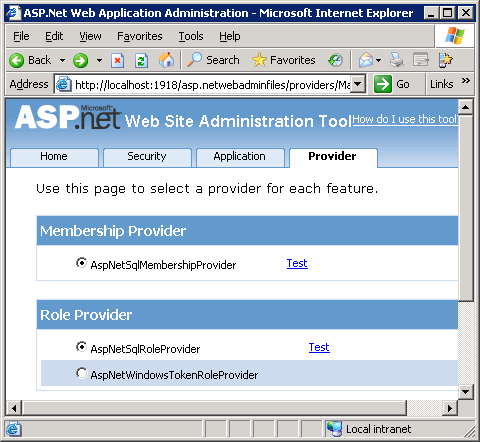 Testing providers with the ASP.NET Web Administration Tool